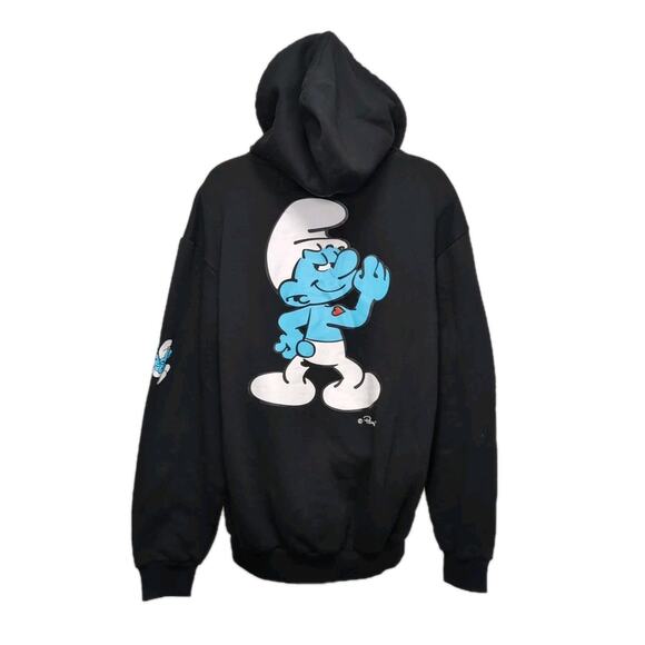 Smurfs Fleece Hoodie Womens M Black Pockets Mushroom Graphic Print Sweatshirt - Picture 3 of 16